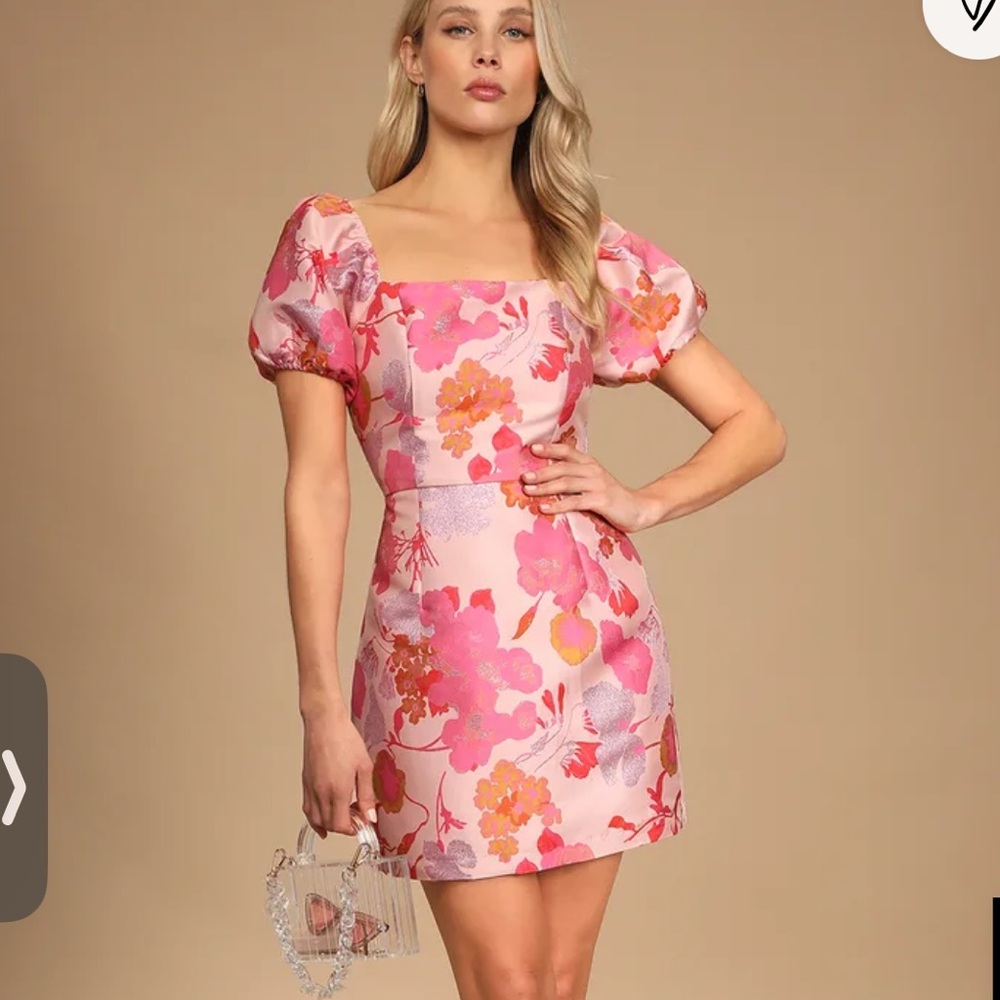 Lulu’s So Stunning Orange Multi Floral Jacquard Puff Sleeve Mini Dress NWT